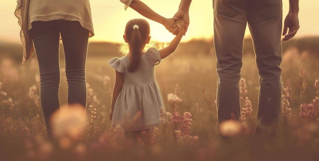 Familia caminando al atardecer, simboliza conexión, crianza consciente y bienestar emocional